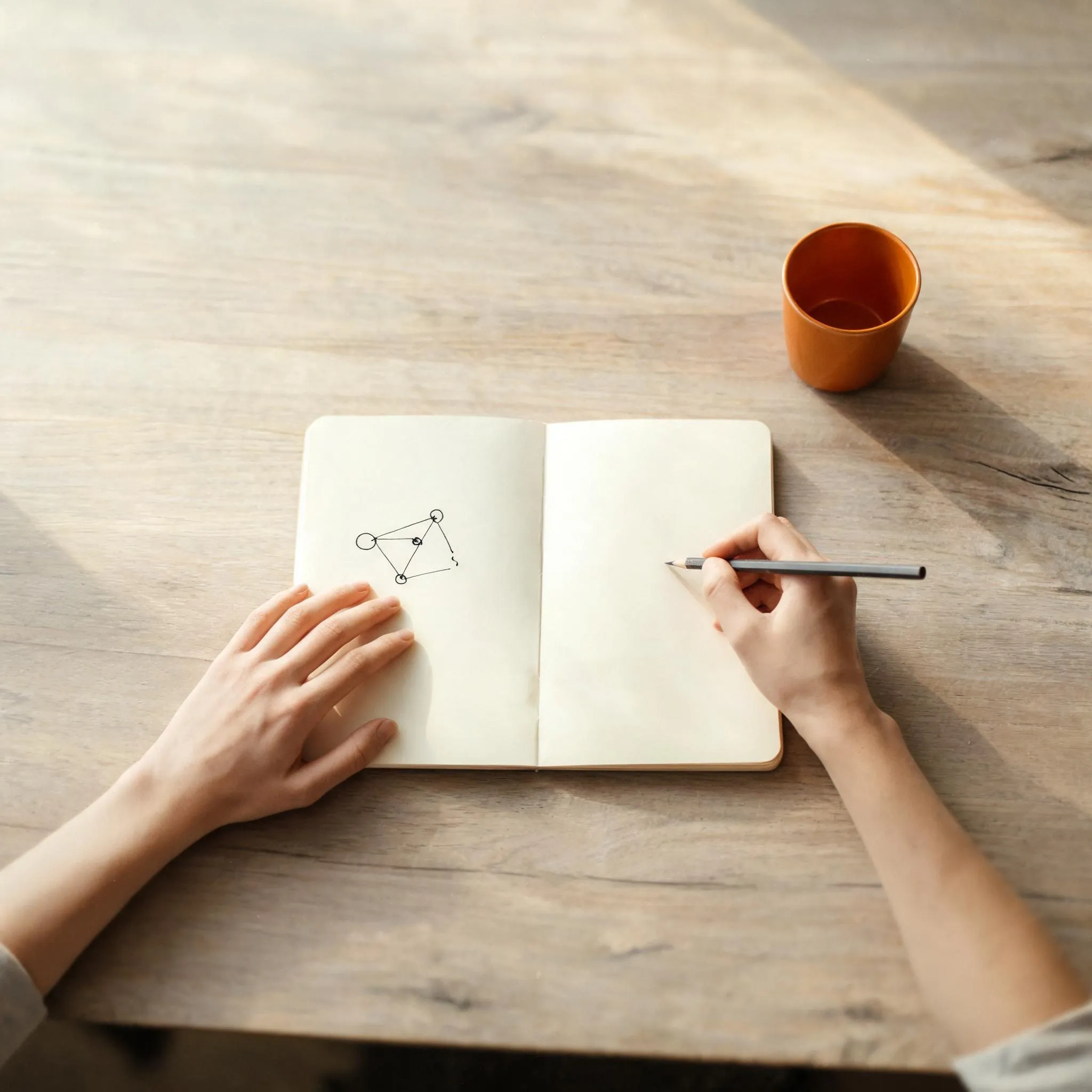 Hands sketching a network diagram in an open notebook on a wooden table, an orange cup catching the sunlight
