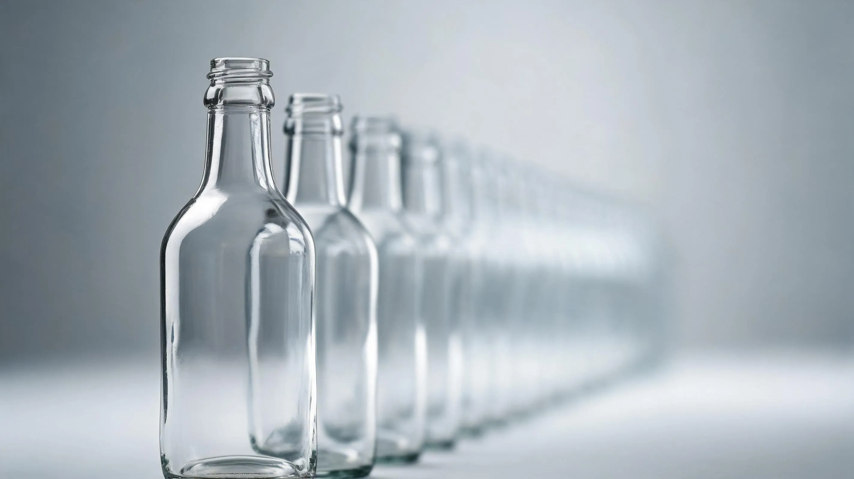 A long, perfectly aligned row of identical glass bottles receding into the distance under even studio light