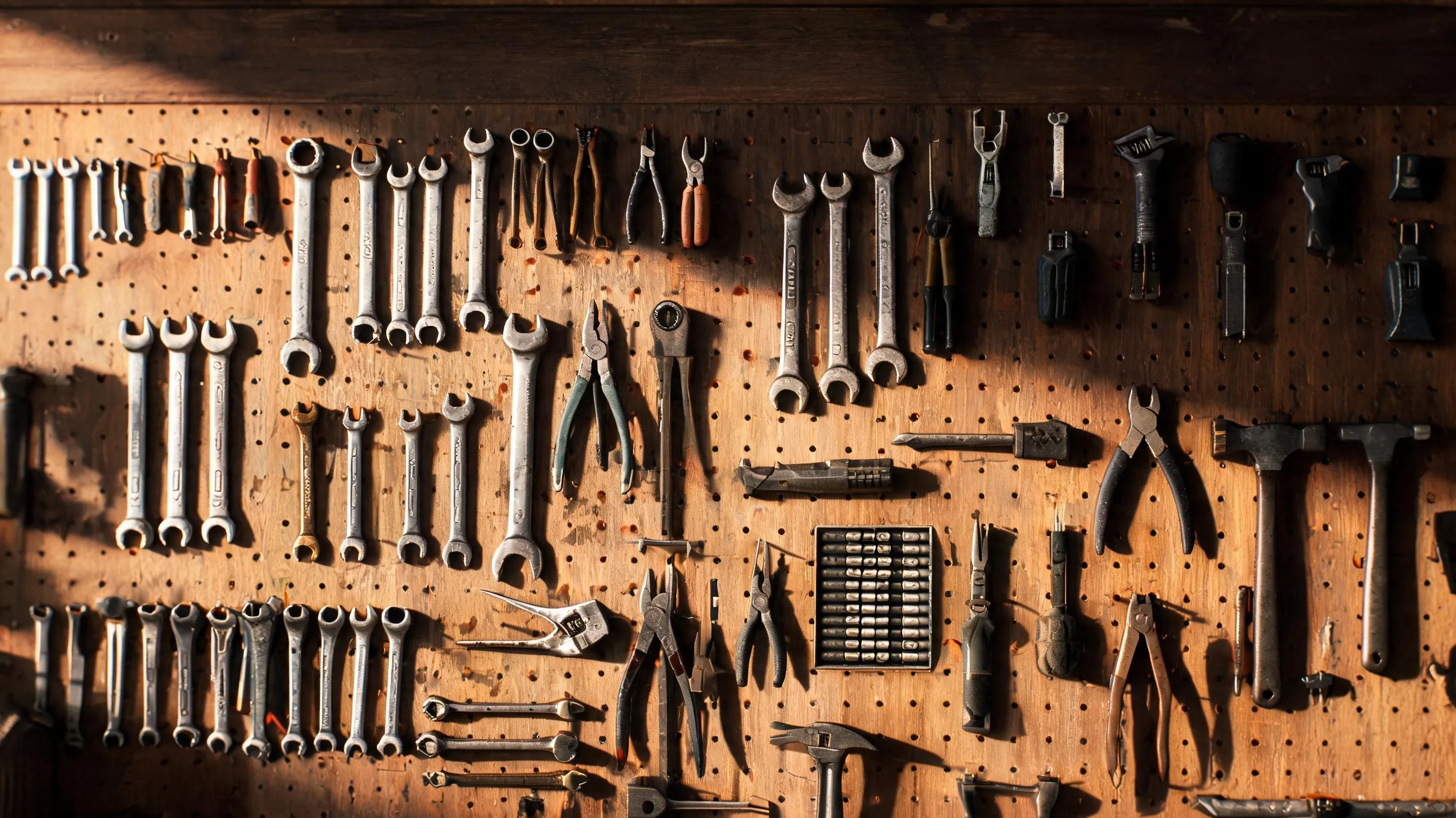 Dozens of hand tools arranged neatly on a workshop pegboard, every tool in its own place, lit by warm directional side light