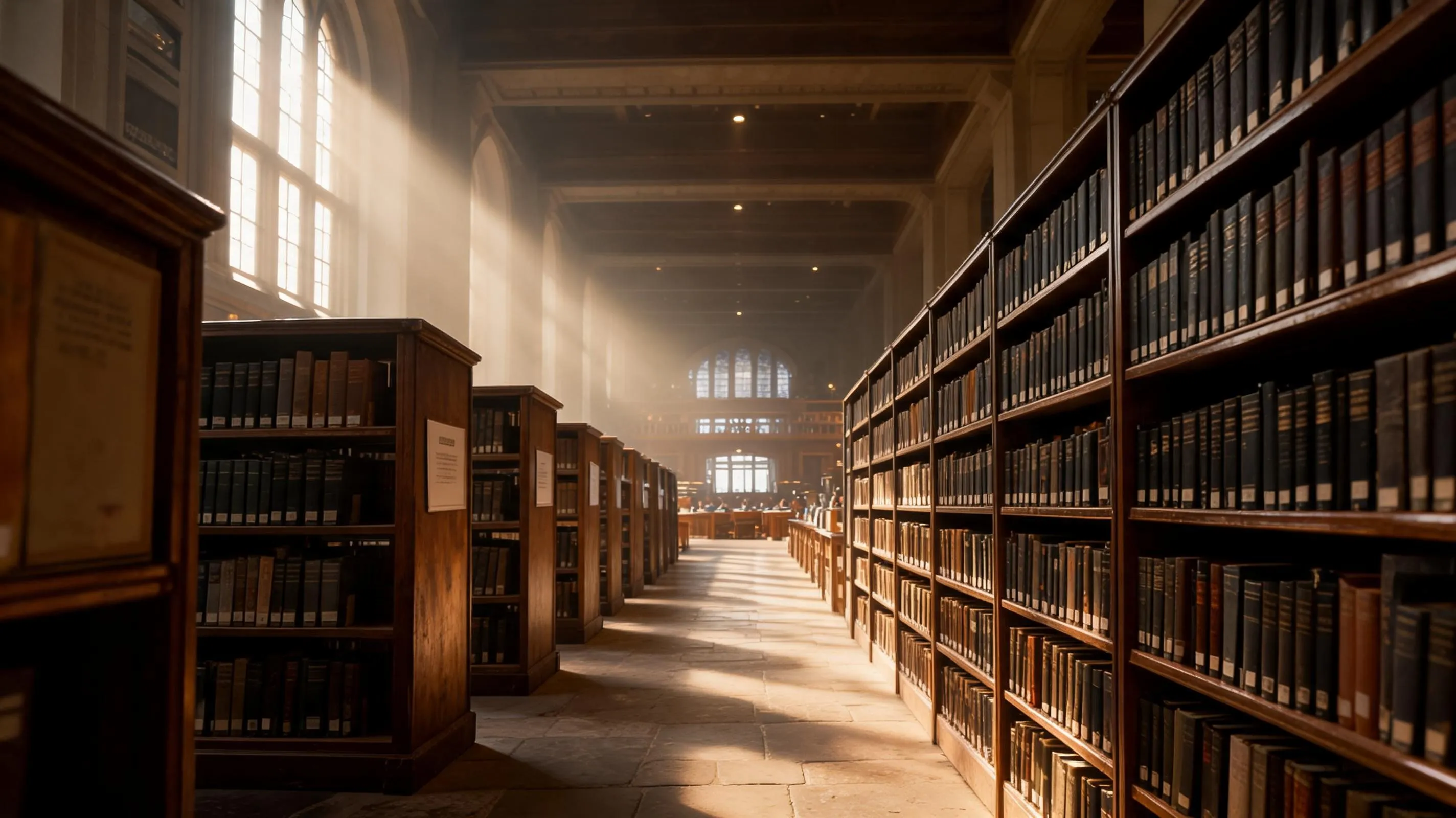 Tall university library shelves lined with bound volumes receding into the distance under warm window light