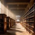 Tall university library shelves lined with bound volumes receding into the distance under warm window light