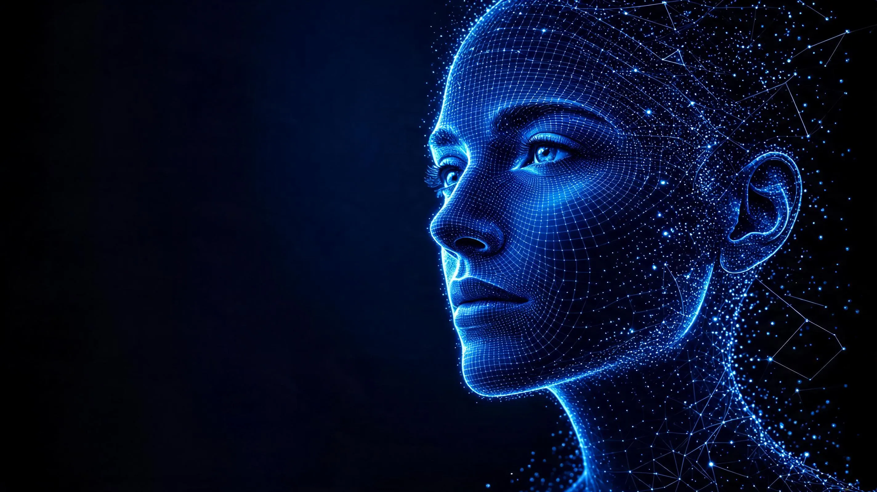 Deep blue gradient hero with an abstract wireframe form