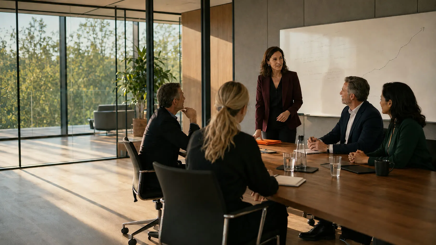Executive presenting a rising growth line on a whiteboard to a sunlit boardroom