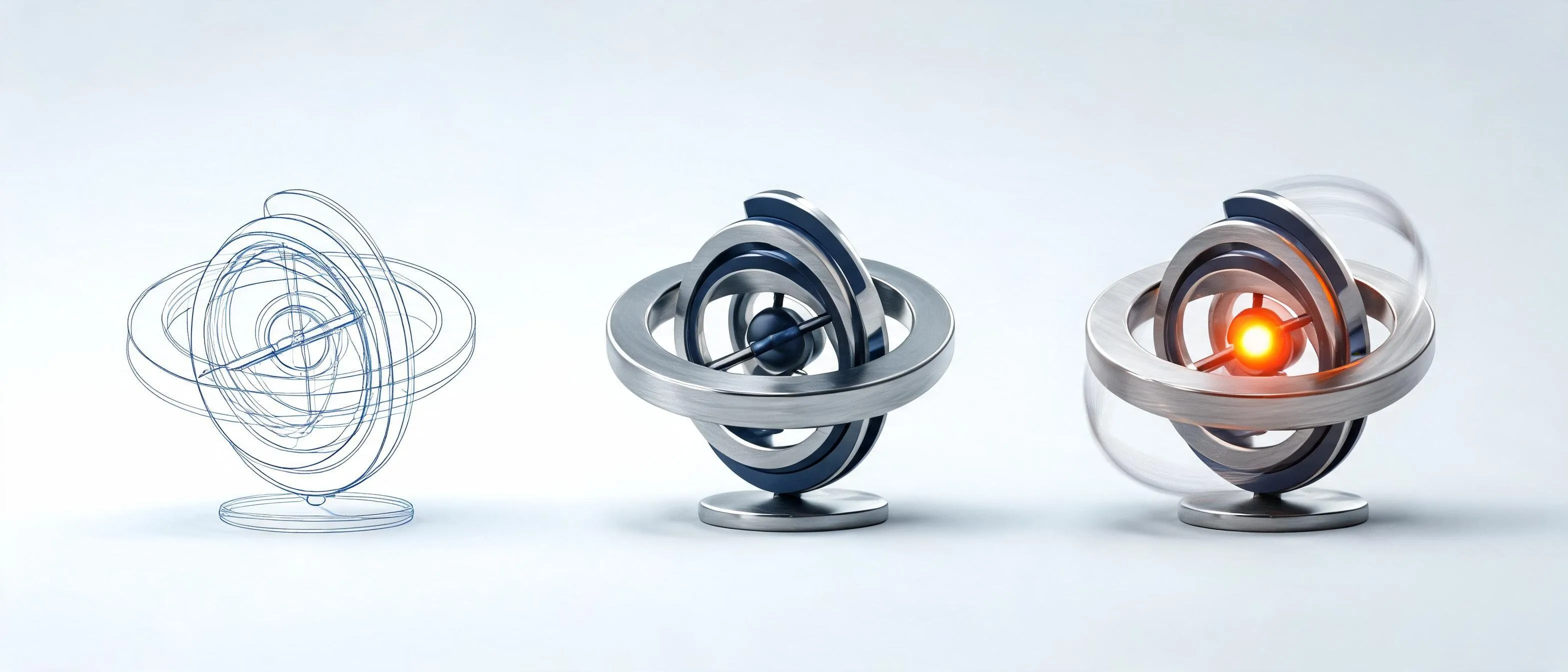 The same gyroscope shown three times, first as a blue wireframe drawing, then machined in silver and navy metal, then spinning with a glowing orange core