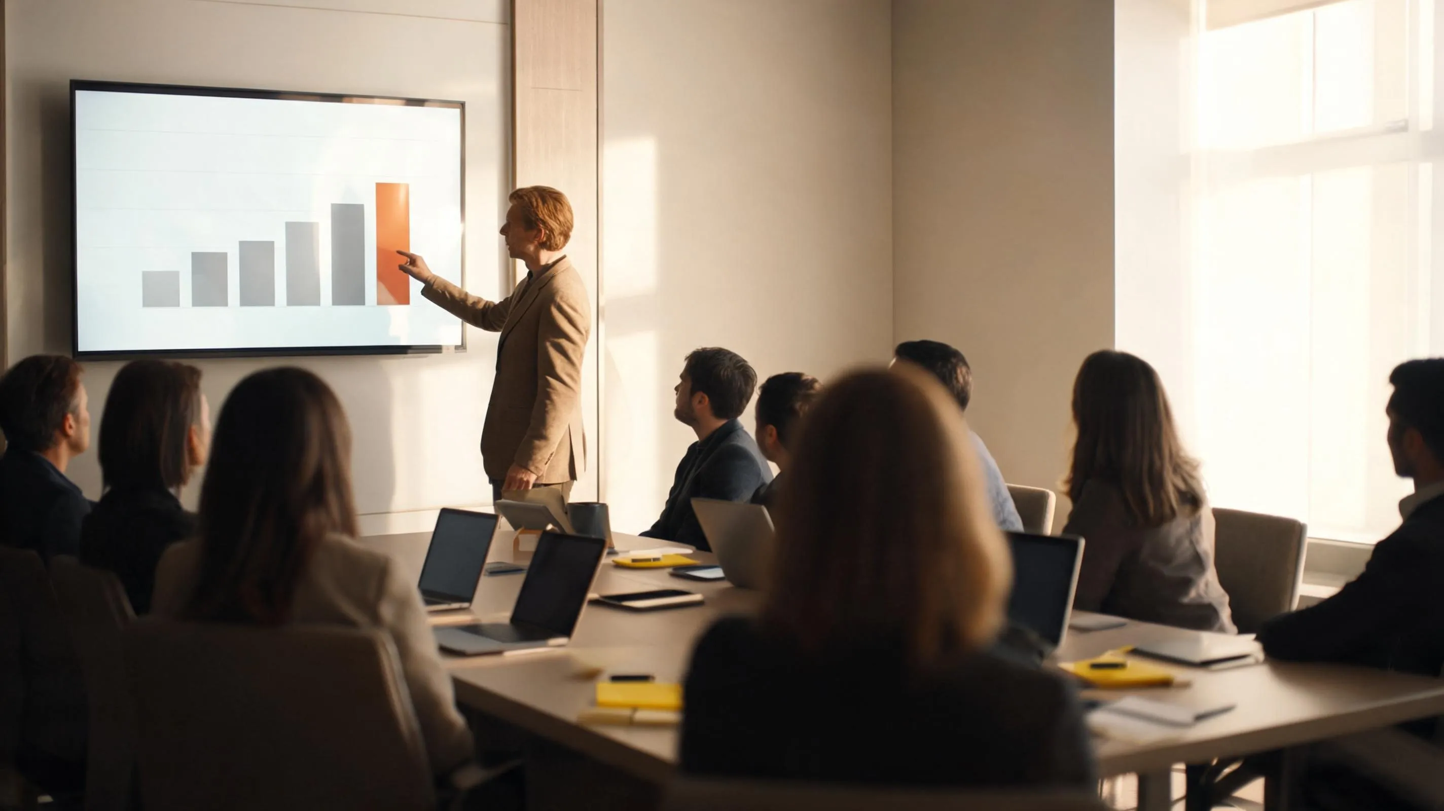 An executive points to the tallest bar of a rising chart on a conference room screen while the team watches from a long table