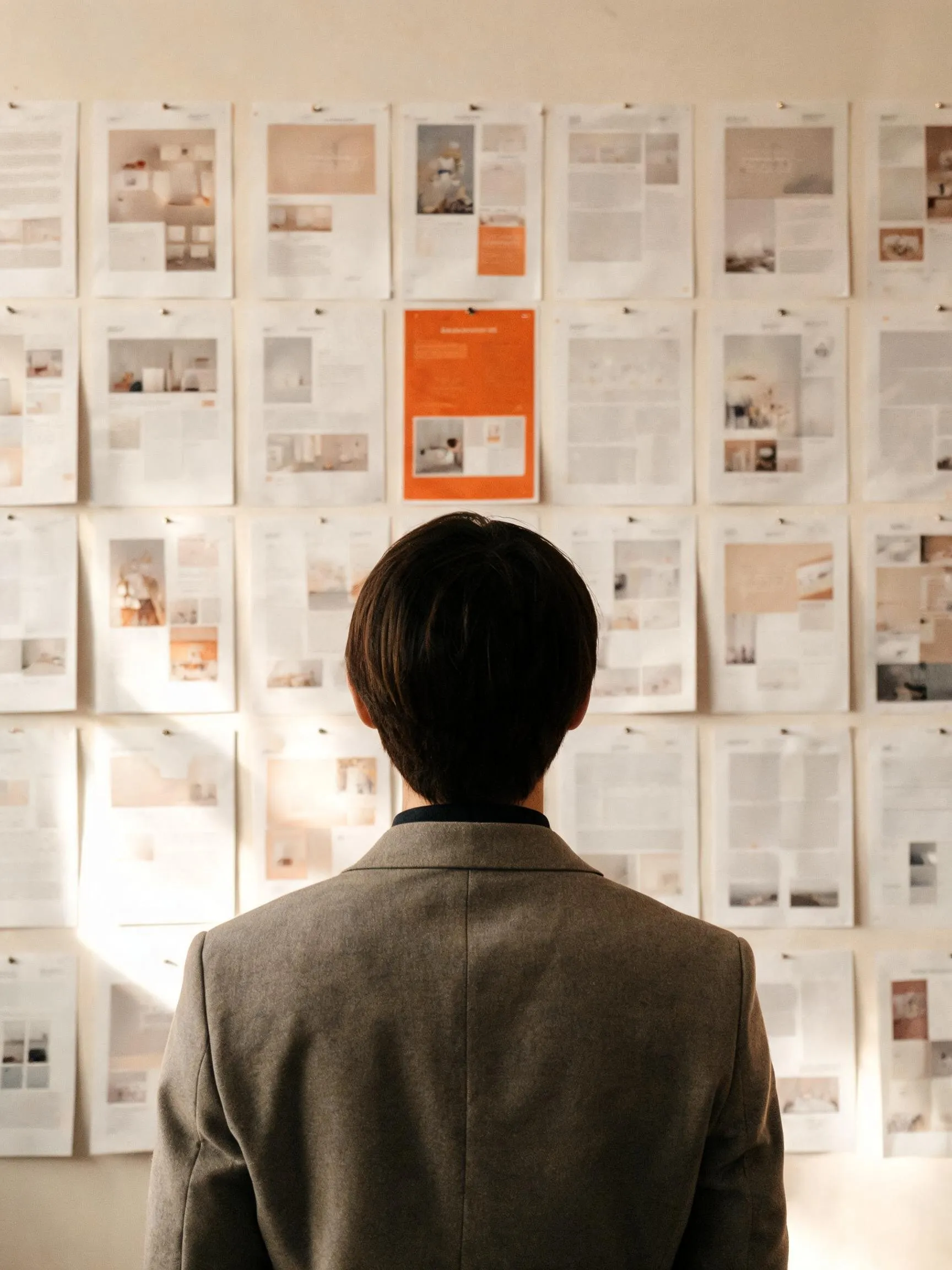 A person seen from behind studies a wall of pinned layout pages with one bright orange sheet at the center