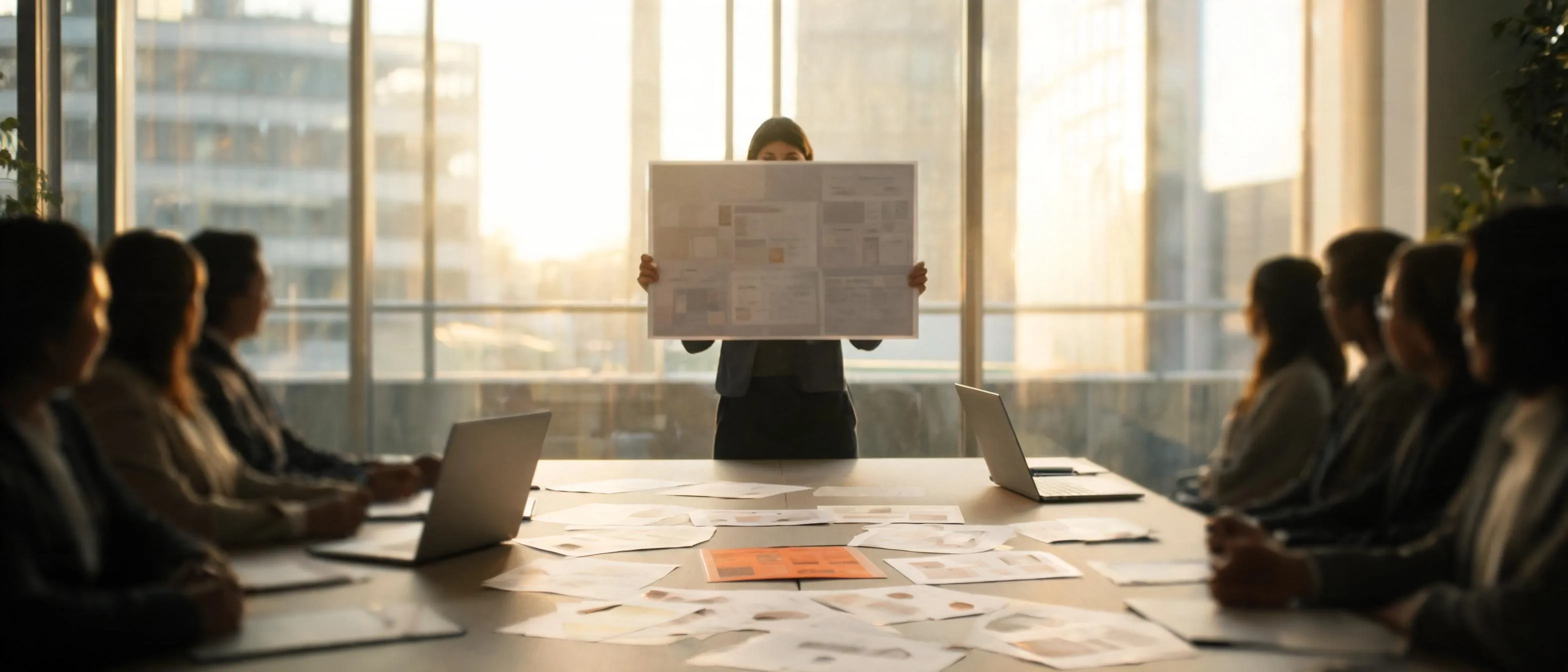 A presenter holds a printed planning board up to a sunlit conference room while the team reviews pages spread across the table