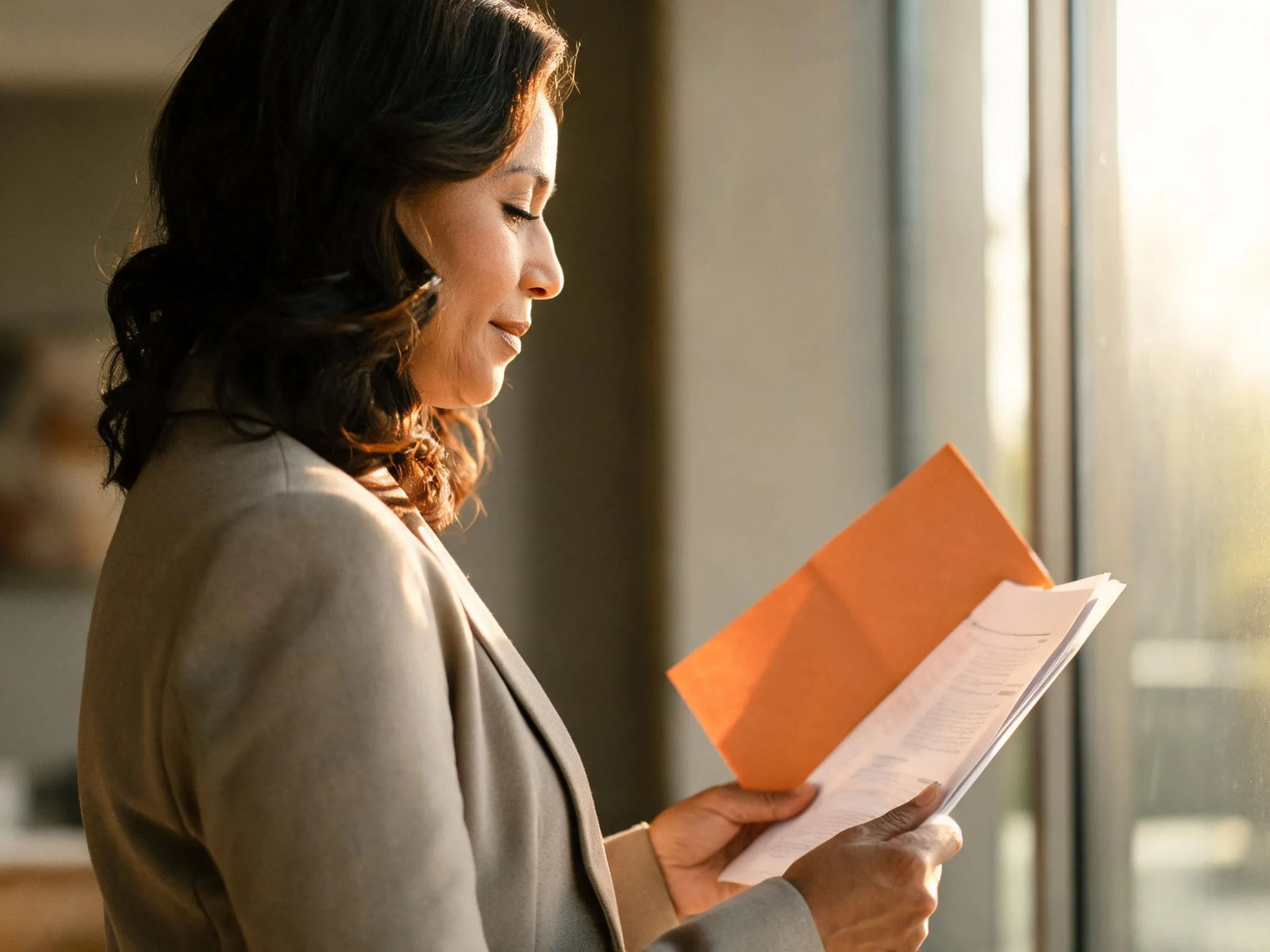 A woman in profile reads documents from a bright orange folder beside a tall window