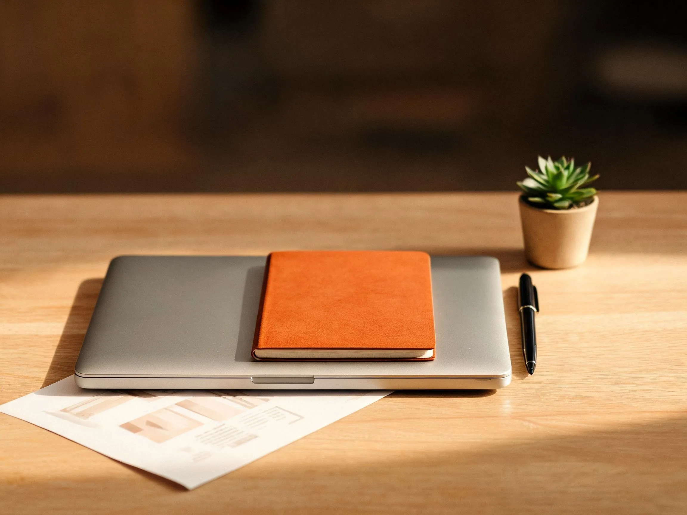 An orange notebook resting on a closed laptop with a pen and a small succulent on a sunlit desk