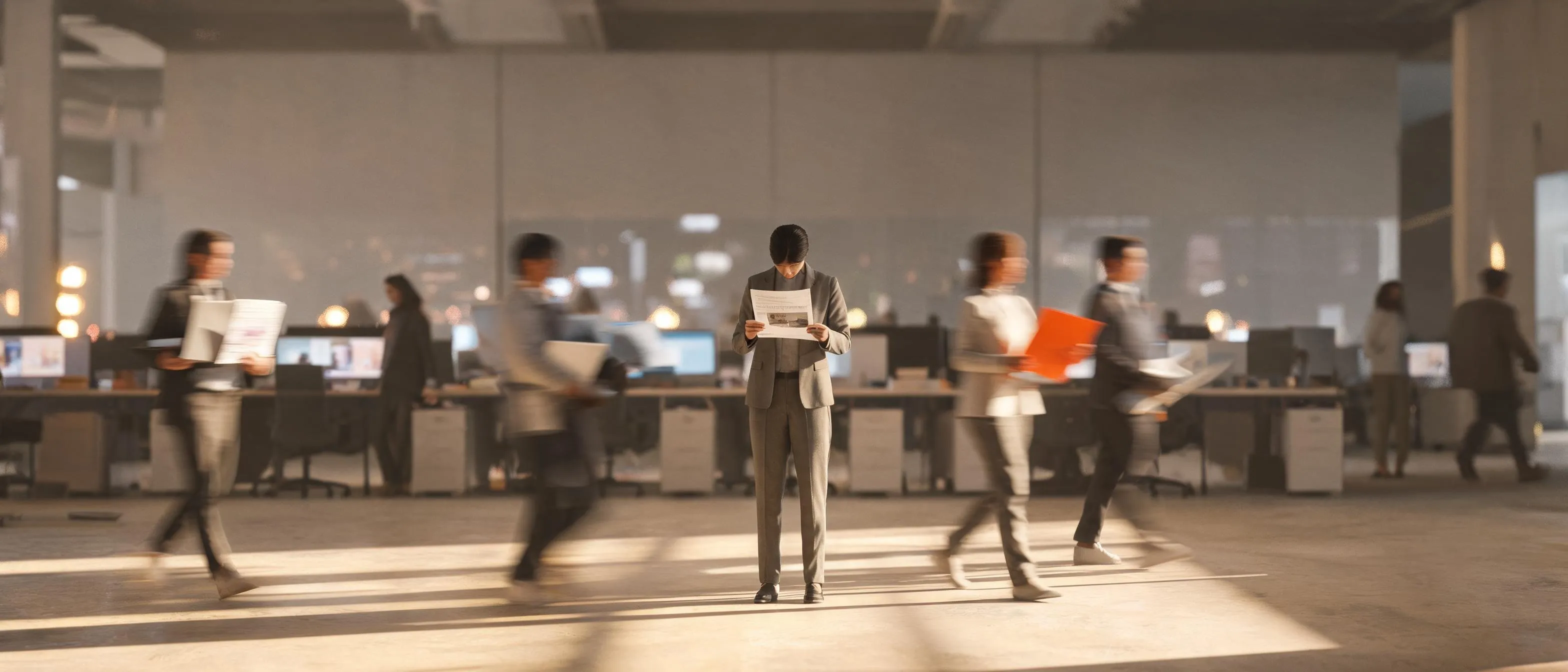 One person stands still reading a printed page while colleagues blur past across a sunlit office floor